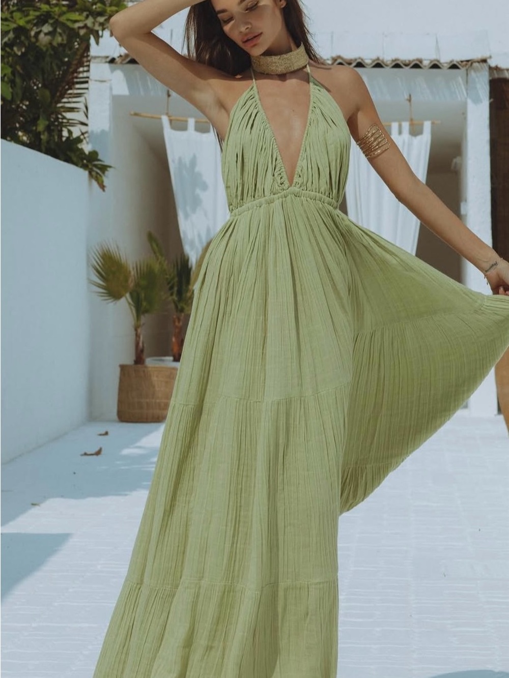 Chic Le Frique Dubai Sage Green Laelia Maxi Dress Organic Cotton S/M - Picture 2 of 8